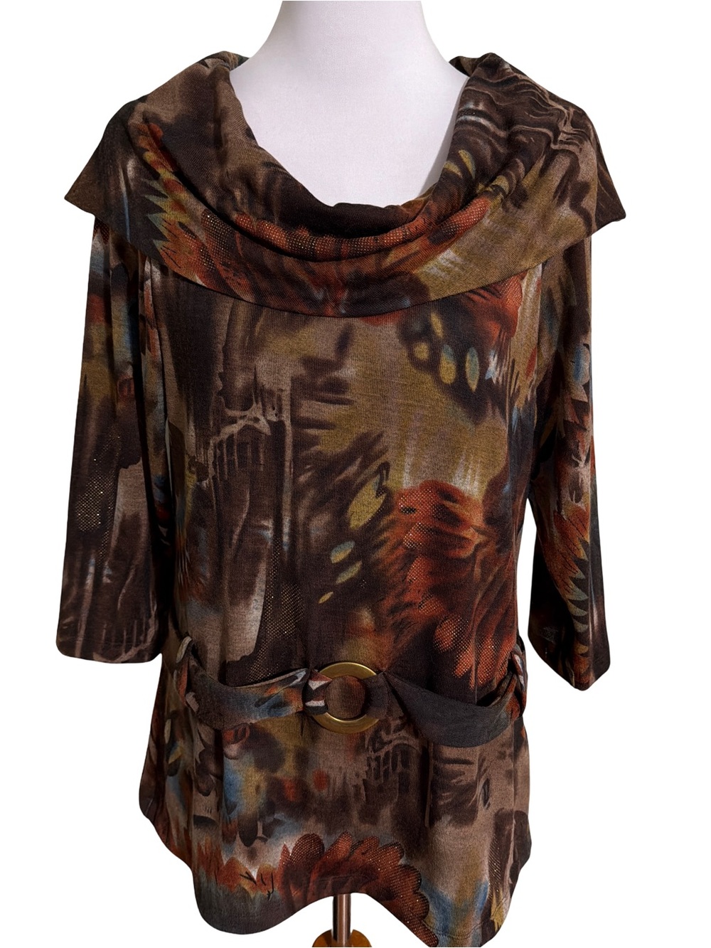 Christopher & Banks Brown Multi Print Cowl Neck Tunic Large